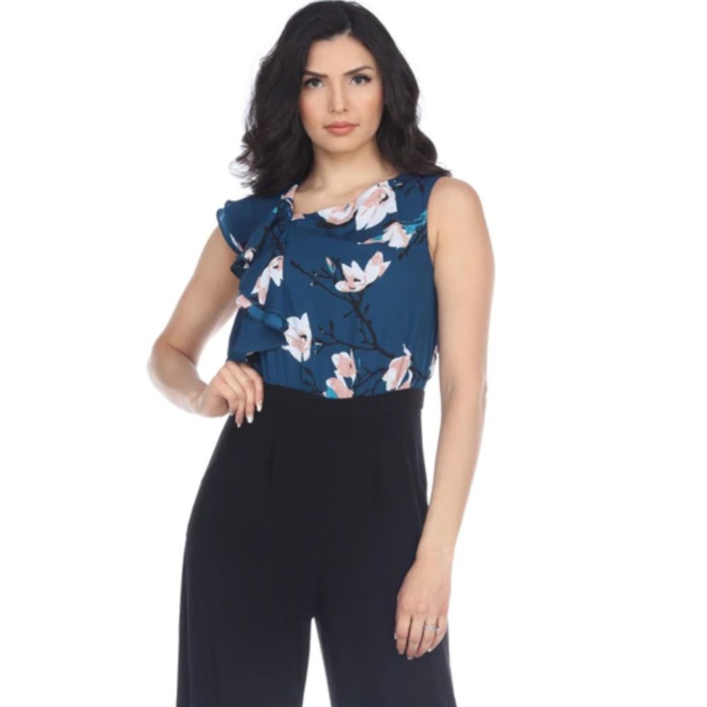 Joseph Ribkoff Teal/Multi Ruffled Floral Print Flared Jumpsuit